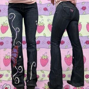 Women’s Blue Dark Wash Embroidered Butterfly Jeans - with Purple Accents